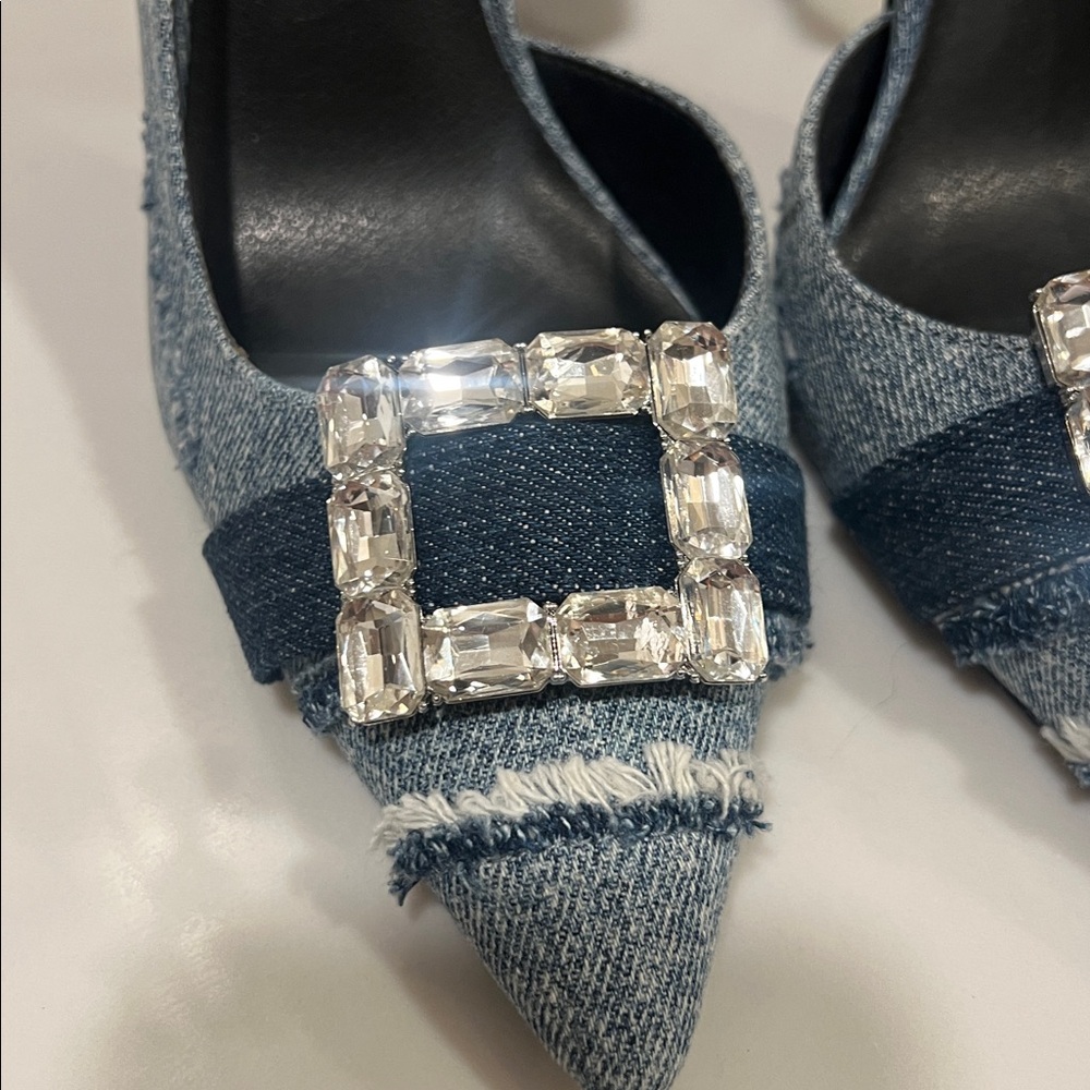 Steve Madden Denim Crystal-Buckle Pointed Toe Pumps - Blue - Picture 4 of 6